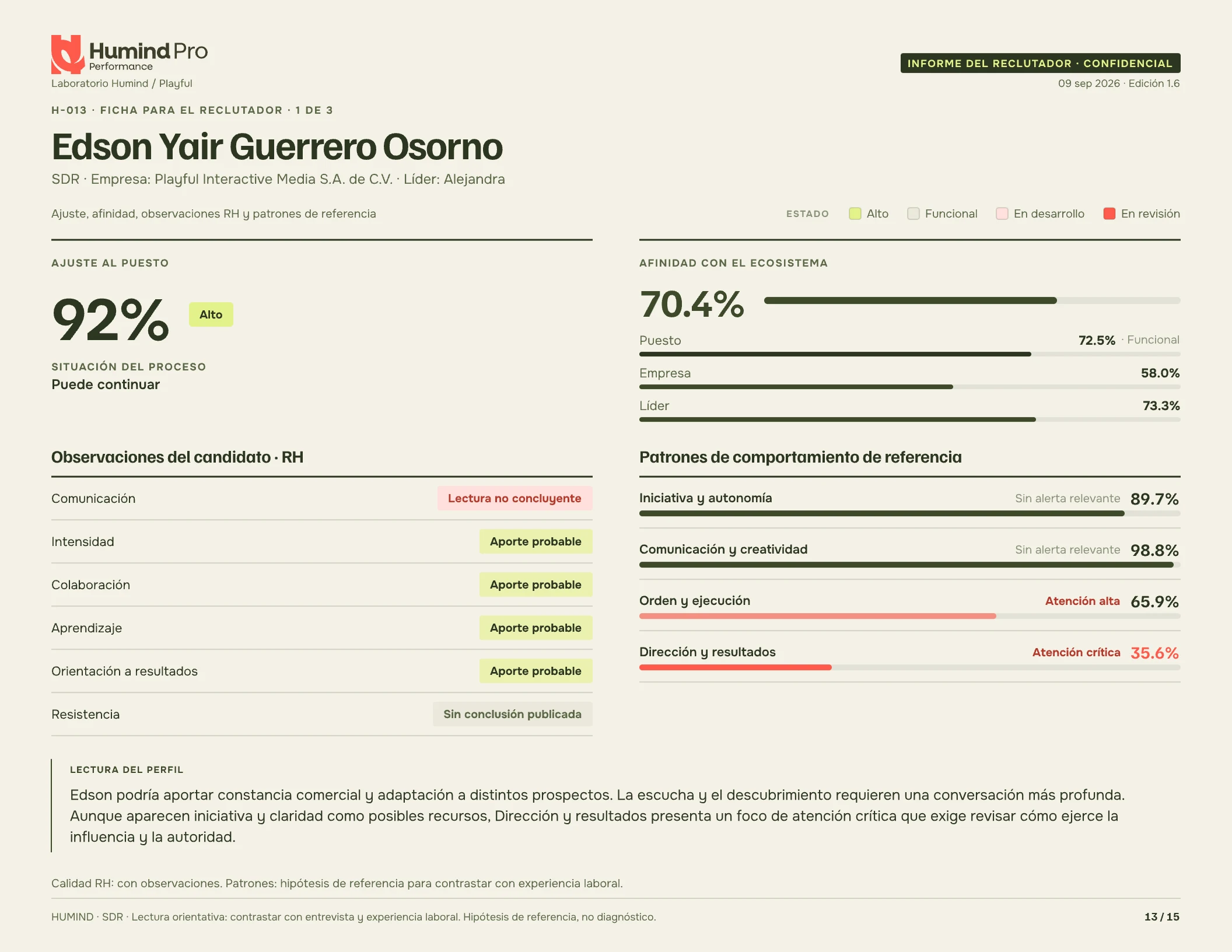 Hoja 13 del informe: ficha del candidato, ajuste, afinidad, observaciones RH y patrones