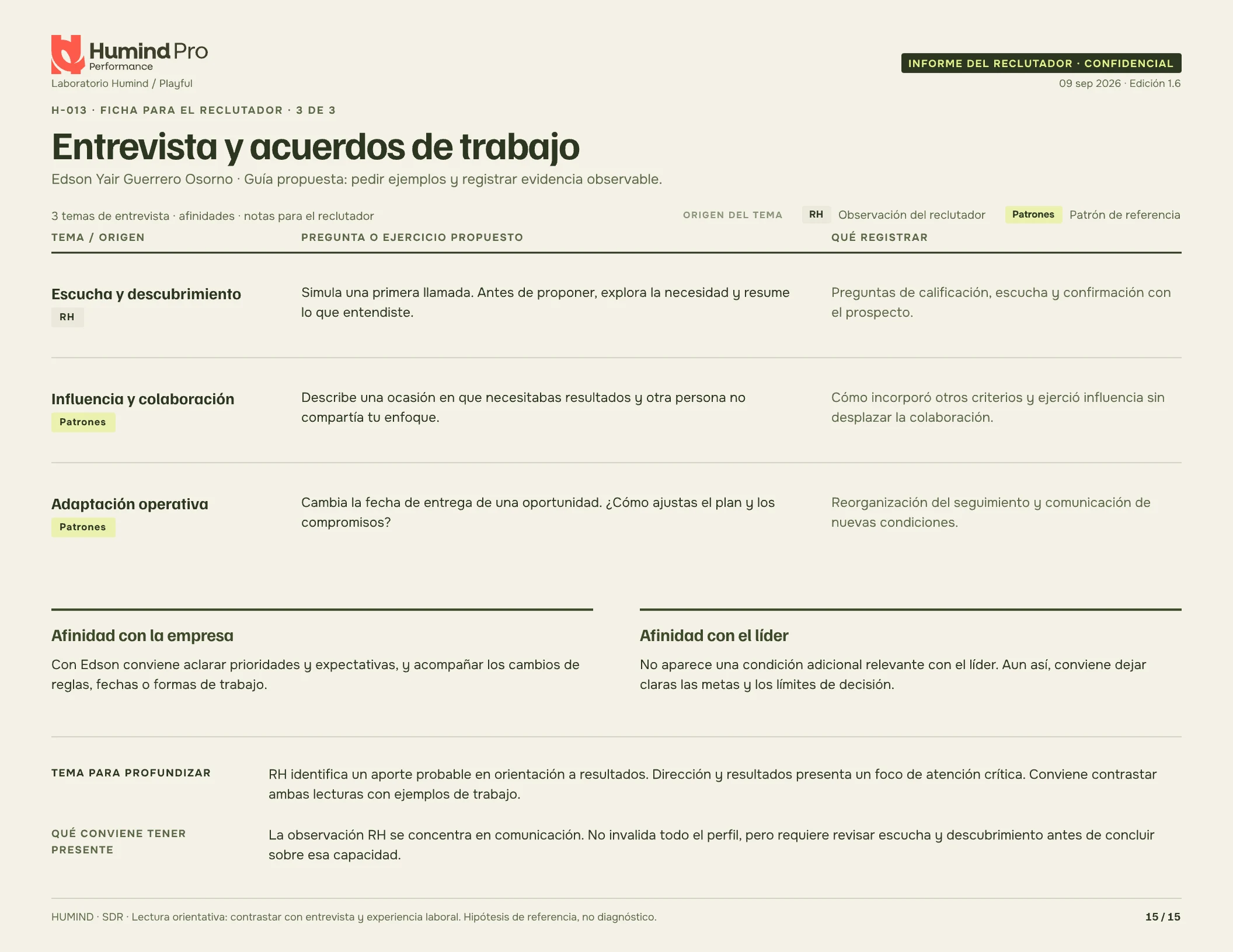 Hoja 15 del informe: guía de entrevista, afinidades y notas para el reclutador
